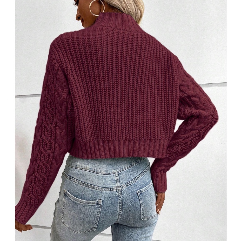Cozy Mint Mock Neck Chunky Cable Knit Cropped Sweater Top - Picture 6 of 8